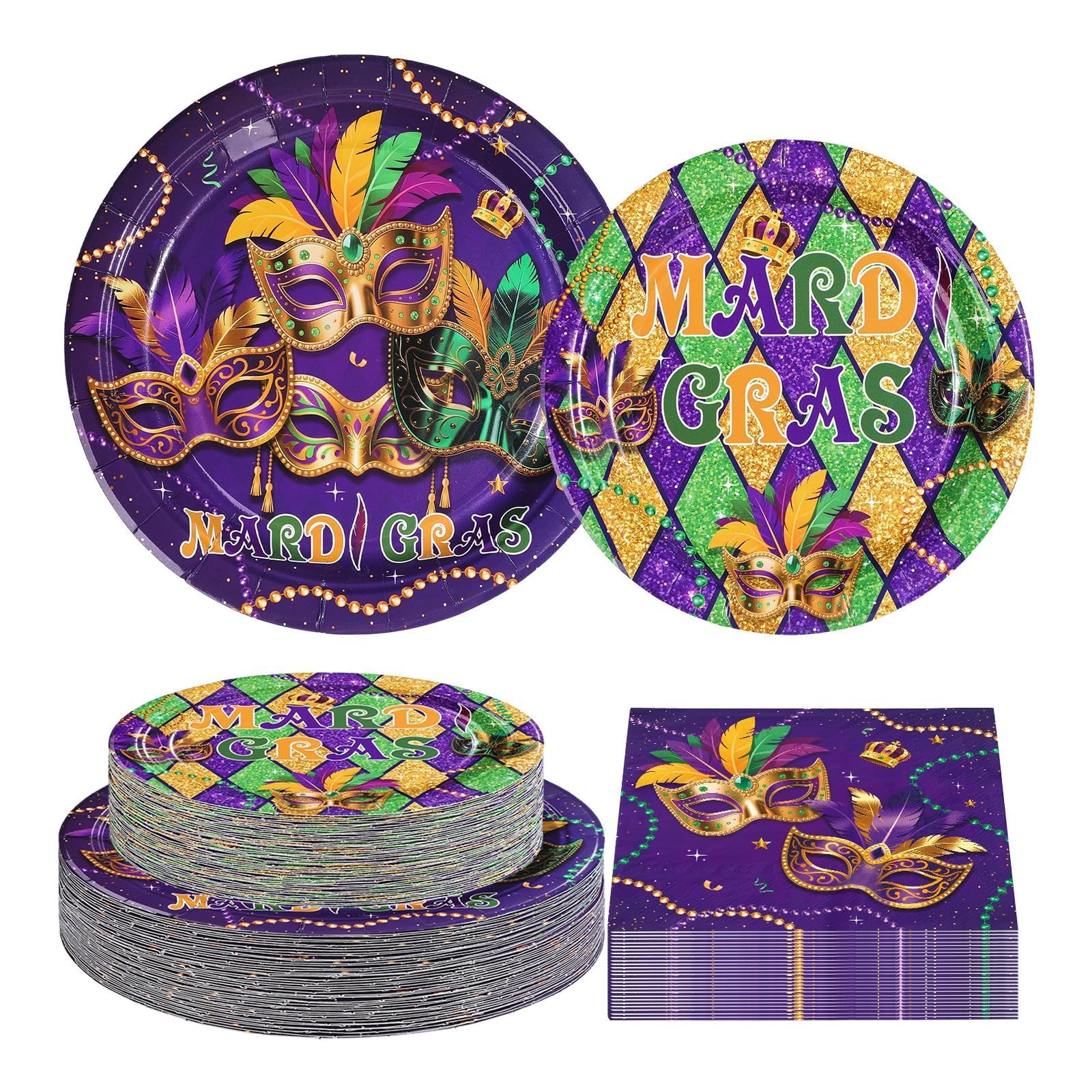 Greencian 200 Pcs Mardi Gras Party Supplies Masquerade Mask Paper Plates and Napkins Disposable Carnival Masquerade Tableware Set for Mardi Gras Birthday New Orleans Decorations Serves 50