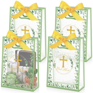 Capoda 24 Pack Baptism Gift Bags with Handles, 10 x 7 x 3 Inch Clear Plastic God Bless Favor Bags, Eucalyptus Cross Religious Party Favors for First Communion, Christening, Confirmation