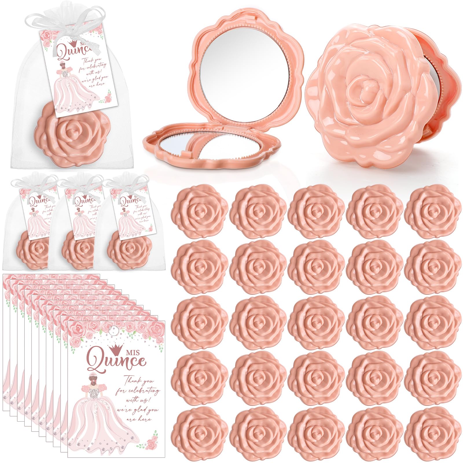 50 Sets Quinceanera Party Favors for Guests Rose Compact Mirrors, Pink