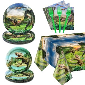 Dinosaur Birthday Decorations - 81Pcs Dinosaur Paper Tableware Set Including Plate, Napkins, Dino Tablecloth for Kids Boys Birthday Supplies, Serve 20