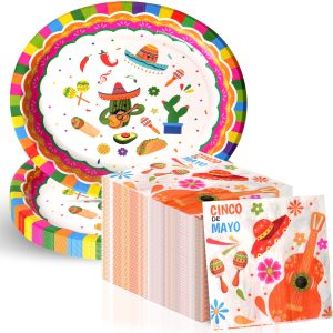 Dereinwo 50Pcs Fiesta Large 12" x 10" Oval Paper Plates and Napkins Disposable Heavy Duty Paper Plates and Napkins for Cinco De Mayo Party Supplies