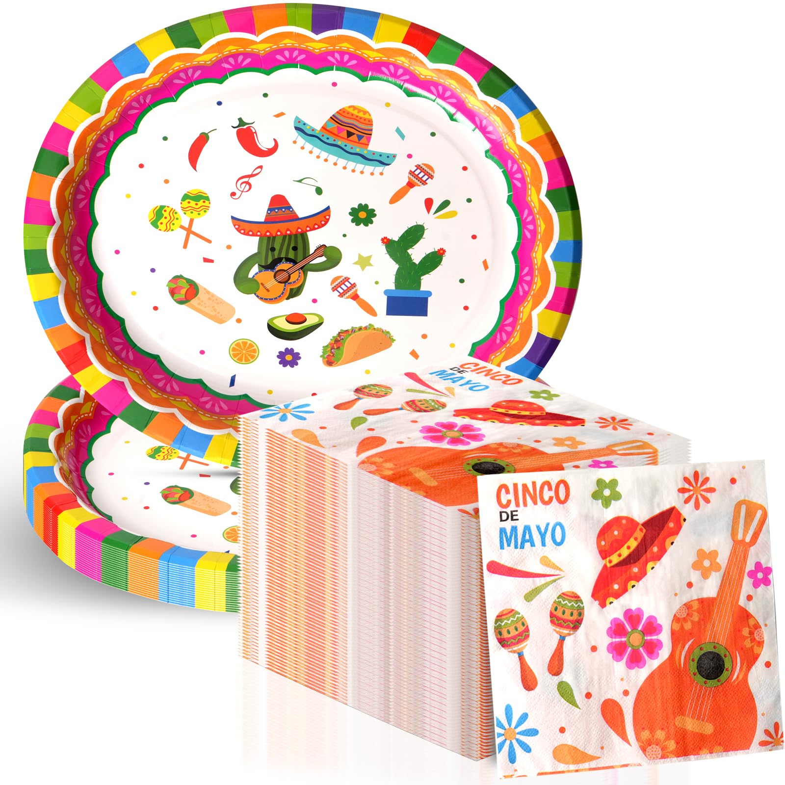Dereinwo 50Pcs Fiesta Large 12" x 10" Oval Paper Plates and Napkins Disposable Heavy Duty Paper Plates and Napkins for Cinco De Mayo Party Supplies