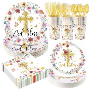 Sunnychicc 400 Pcs God Bless Flower Baptism Party Decoration Girl for 50, First Communion Confirmation Paper Plates Napkins Cups Cutlery Baptism Tableware for Christening Baby Shower Party Supply