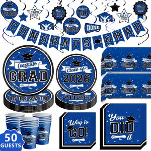 DAZONGE Graduation Decorations 2026 Blue, 265pcs Graduation Party Decorations 2026, Disposable Tableware Set for 50 Guests, Plates, Cups, Tablecloth with Congrats Grad Hanging Decor