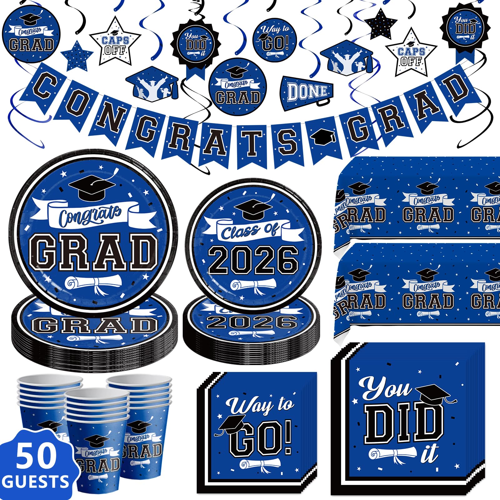 DAZONGE Graduation Decorations 2026 Blue, 265pcs Graduation Party Decorations 2026, Disposable Tableware Set for 50 Guests, Plates, Cups, Tablecloth with Congrats Grad Hanging Decor