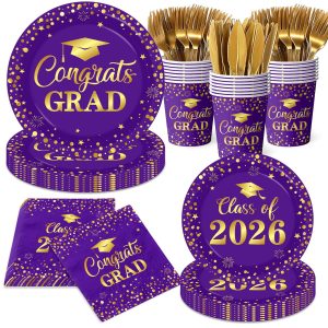 Graduation Plates and Napkins 2026, Purple and Gold Graduation Decorations, Disposable Congrats Grad Paper Plates Napkins Cups for Class of 2026 Party Supplies, Serve 25