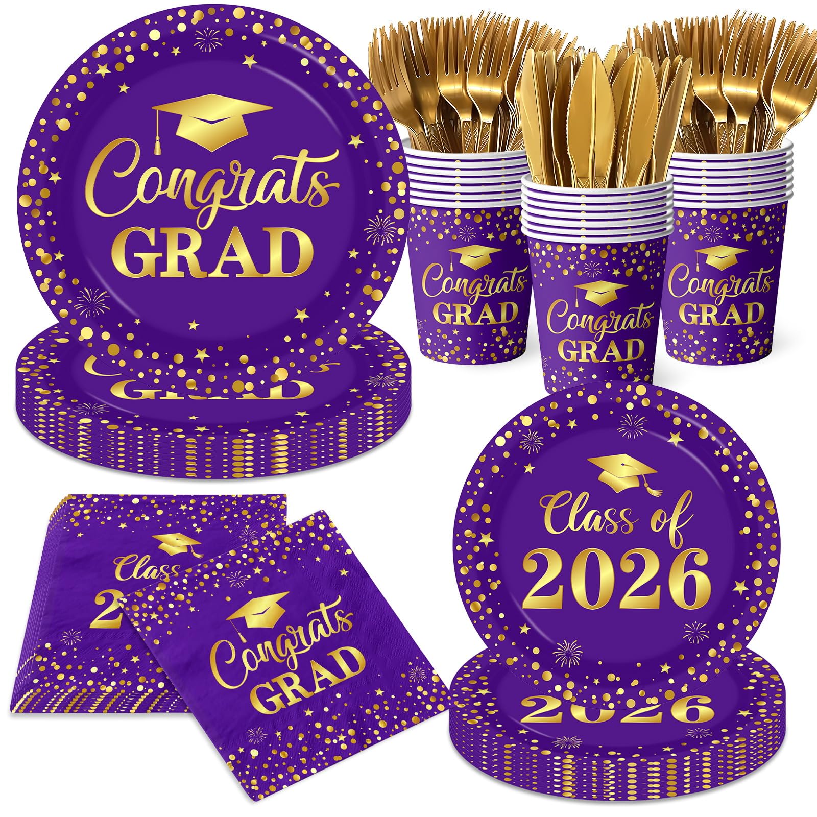 Graduation Plates and Napkins 2026, Purple and Gold Graduation Decorations, Disposable Congrats Grad Paper Plates Napkins Cups for Class of 2026 Party Supplies, Serve 25