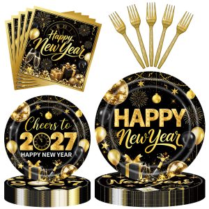 Herytem 96 Pieces New Year’s Eve Plates and Napkins Set – Black and Gold 2027 Disposable 9 Inch and 7 Inch Party Plates with Gold Forks for New Year Countdown Celebration – Serves 24 Guests