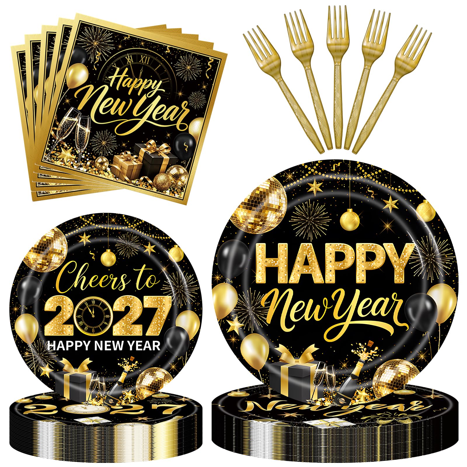 Herytem 96 Pieces New Year’s Eve Plates and Napkins Set – Black and Gold 2027 Disposable 9 Inch and 7 Inch Party Plates with Gold Forks for New Year Countdown Celebration – Serves 24 Guests