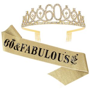 Casoty 60th Birthday Sash and Tiara for Women, Gold Crown 60 and Fabulous Sash & Crown Set, 60th Birthday Gifts for…