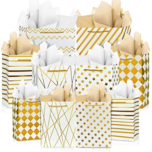 KEEPARTY Assorted Sizes Gold Foil Gift Bags with Tissue Paper Suitable for Many Occasions Set of 10 with 6 Design Styles 4 Small 4 Medium and 2 Large Gift Bags