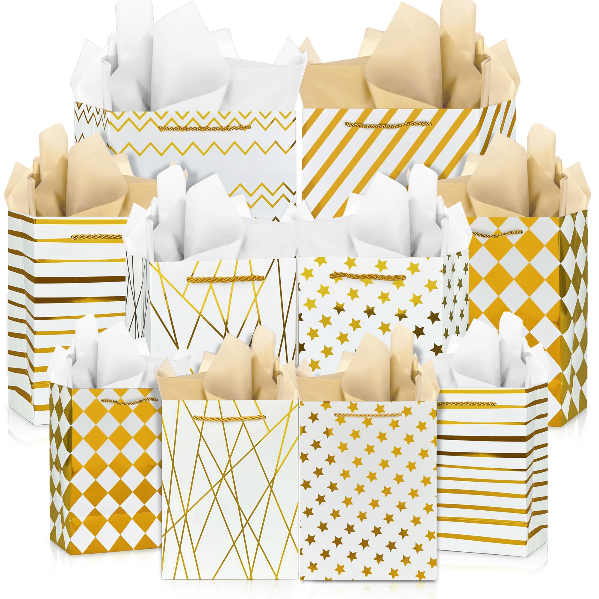 KEEPARTY Assorted Sizes Gold Foil Gift Bags with Tissue Paper Suitable for Many Occasions Set of 10 with 6 Design Styles 4 Small 4 Medium and 2 Large Gift Bags
