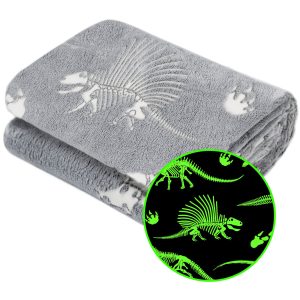 Glow in The Dark Blanket Dinosaur Throw Blanket for Boys Kids Soft Warm Cozy Cute Dino Blanket Unique Dinosaurs Toys Gifts Gray Glowing Dinosaur Room Decor Blankets for Girls Teens 50"x60"
