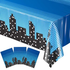 Blue Orchards Superhero Cityscape Table Covers (Pack of 3) 108"x54" XL - Boy Super Hero Tablecloth for Parties, Birthday Party Supplies, Decorations, Durable Disposable Waterproof Plastic Table Cloth