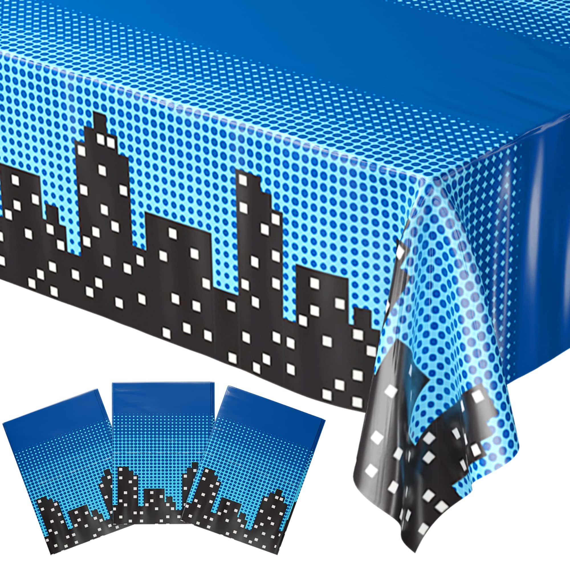 Blue Orchards Superhero Cityscape Table Covers (Pack of 3) 108"x54" XL - Boy Super Hero Tablecloth for Parties, Birthday Party Supplies, Decorations, Durable Disposable Waterproof Plastic Table Cloth