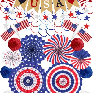 Lutoys 30 Pcs Patriotic Decorations for Veterans Day, 4th of July Decor LOVE USA Banner American Flag, Red White Blue Paper Fans Pompoms Labor Memorial Day Decor for Indoor Outdoor Outside
