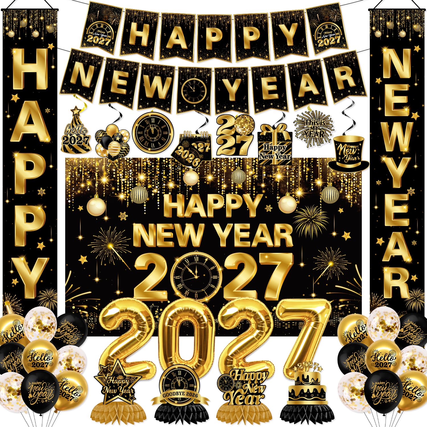 New Years Decorations 2027,Happy New Years Eve Party Supplies Gold and Black Nye Party Decorations With Backdrop Door Banner Hanging Swirls Honeycomb Balloon