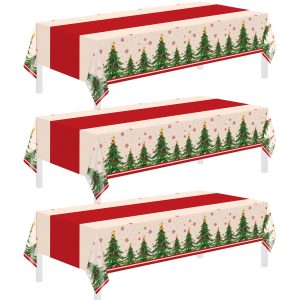 Childom 3 Pack Christmas Tablecloths,Christmas Party Decoration,54 X 108 Inch,Disposable Plastic Table Cloths Rectangular for Party Supplies,Xmas Tree Table Cover for Home,Dinner,Indoor,Outdoor,Picnic