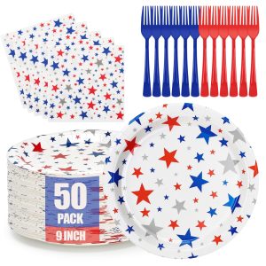 150Pcs 4th of July Party Supplies for 50 Guests, Disposable Patriotic Paper Plates, Napkins & Forks Set, Red White Blue Star Tableware for Independence Day, Memorial Day, 4th of July Party Decorations