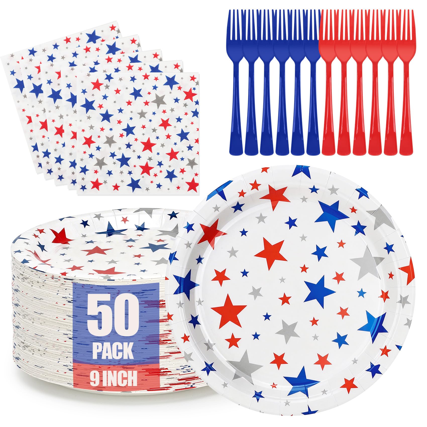 150Pcs 4th of July Party Supplies for 50 Guests, Disposable Patriotic Paper Plates, Napkins & Forks Set, Red White Blue Star Tableware for Independence Day, Memorial Day, 4th of July Party Decorations