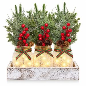 Mason Jar Christmas Centerpieces for Tables, Winter Xmas Table Decorations