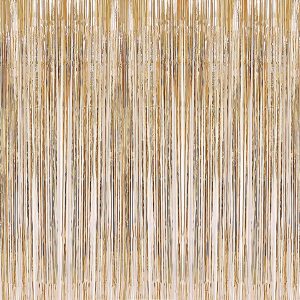 2 Pcs 3.2ft x 8.2ft Champagne Gold Metallic Tinsel Foil Fringe Curtains Photo Booth Backdrop for Baby Shower Birthday Wedding Holiday Celebration Bachelorette Party Decorations
