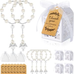 Leinuosen 200 Pcs Baptism Favors, Recuerdos De Bautizo for Guests, Mini Rosary Beads Bulk with Favor Boxes Organza Bags Thank You Kraft Tags, Catholic First Communion Wedding Party Decor