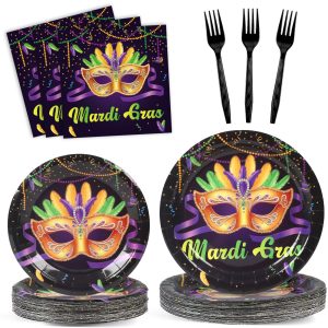 OBUSATT 96Pcs Mardi Gras Party Supplies Mardi Gras Paper Plates Napkins Forks Black Masquerade Mask Dinnerware Disposable New Orleans Party Decorations MardiGrass Tableware Serves 24
