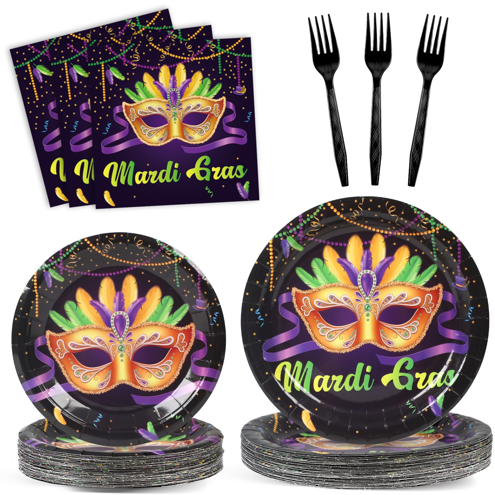 OBUSATT 96Pcs Mardi Gras Party Supplies Mardi Gras Paper Plates Napkins Forks Black Masquerade Mask Dinnerware Disposable New Orleans Party Decorations MardiGrass Tableware Serves 24