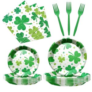 QDIRDEC St. Patrick's Day Party Supplies St Patricks Day Decorations Irish Themed Tableware with Lucky Shamrock Plates Napkins and Forks for Saint Irish Birthday Party Decorations
