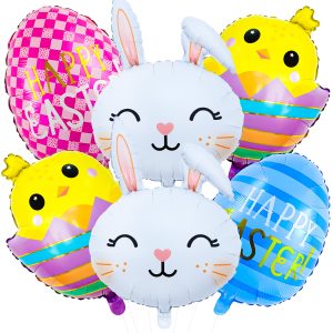 6PCS Easter Bunny Balloons, Chick Balloons, Rabbit Head Foil Myla Balloons with Easter Eggs Balloons for Easter Party Decorations, Baby Shower, Spring Celebration Arch Decorations