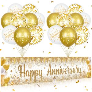 Happy Anniversary Decorations Banner with Balloons Set - Large Gold and White Backdrop Background Sign and Confetti Latex Balloons Kit for Wedding Anniversary Party Supplies, Indoor Outdoor Yard Decor