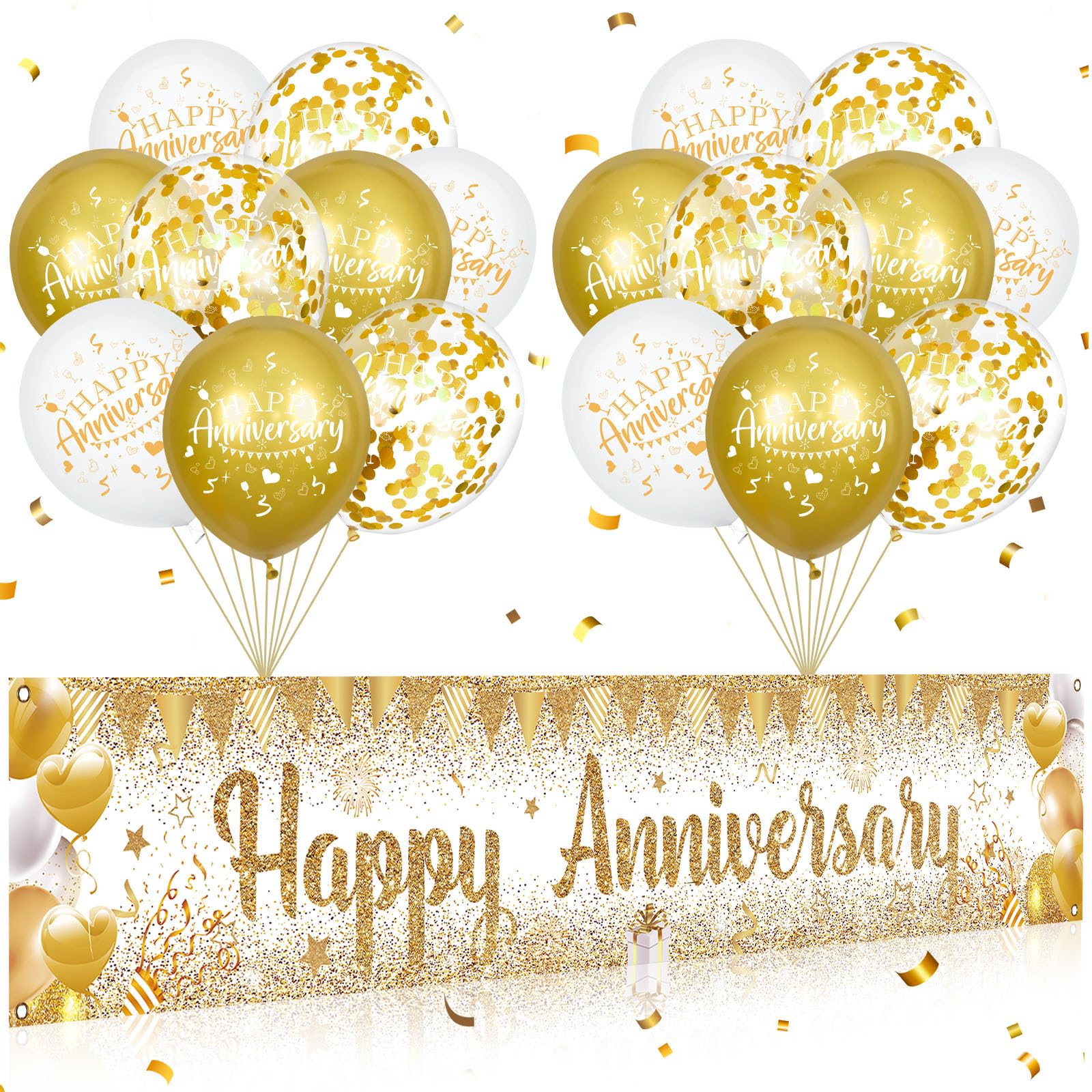 Happy Anniversary Decorations Banner with Balloons Set - Large Gold and White Backdrop Background Sign and Confetti Latex Balloons Kit for Wedding Anniversary Party Supplies, Indoor Outdoor Yard Decor