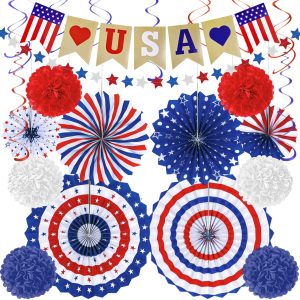 4th of July Decorations - 26 PCS Patriotic USA Banner Star Streamer Paper Fans Hanging Swirls Pompoms Set for Memorial Day | Fourth of July Accessories for Indoor Outdoor Home