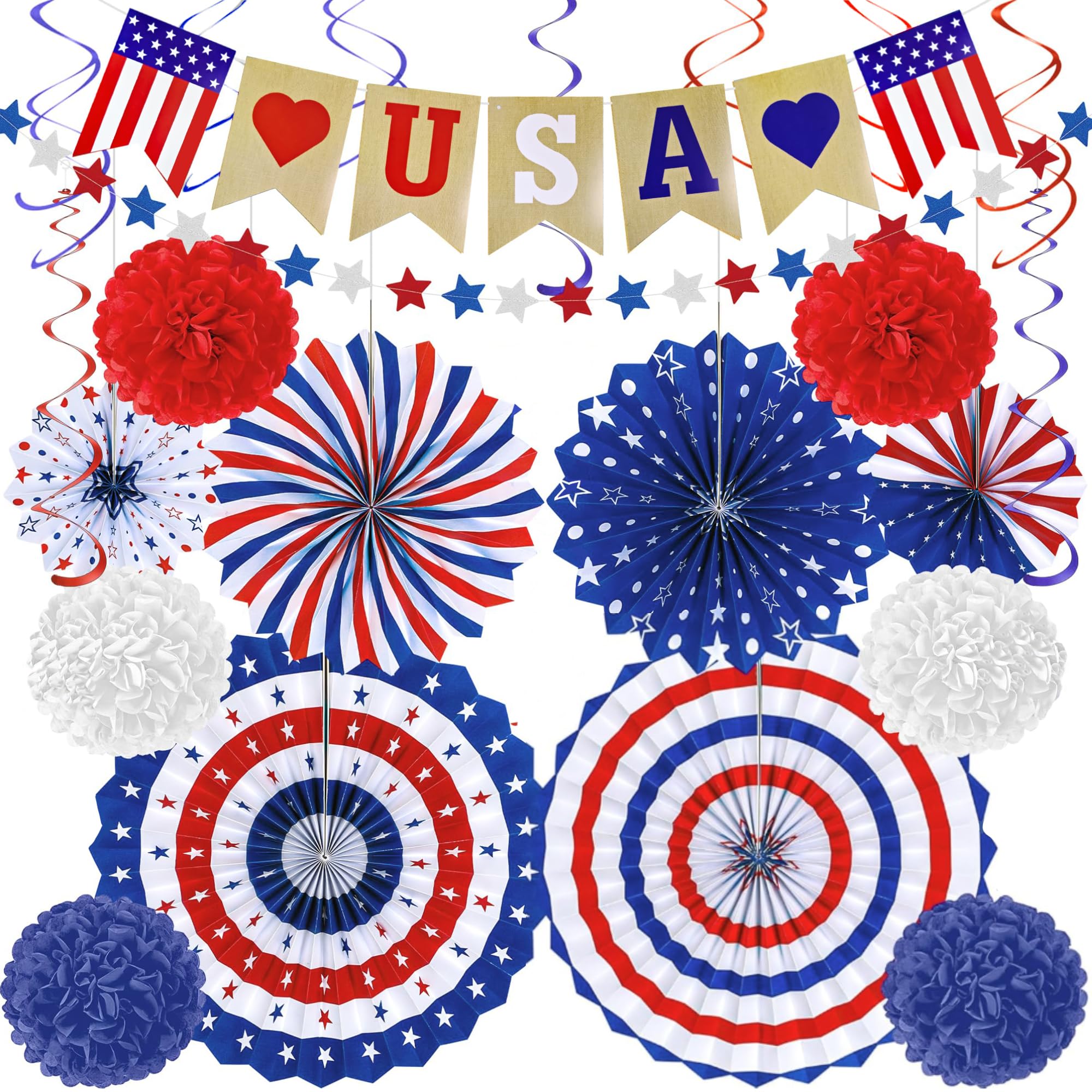4th of July Decorations - 26 PCS Patriotic USA Banner Star Streamer Paper Fans Hanging Swirls Pompoms Set for Memorial Day | Fourth of July Accessories for Indoor Outdoor Home