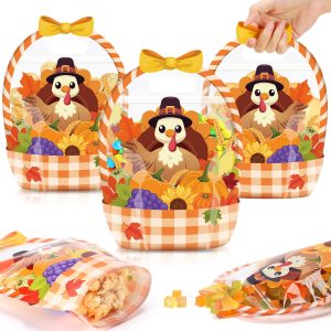 Fuutreo 50 Pcs Fall Treat Bags, Turkey Goodie Bags with Handles, Plastic