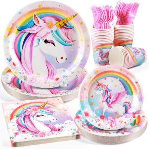 Unicorn Birthday Party Supplies Set, Disposable Tableware for 24 Guests, Includes Plates, Cups, Napkins, Cutlery – Cute Rainbow Unicorn Theme Birthday Decorations for Girls & Kids Party
