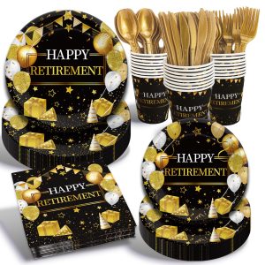 KEPEEL Black Gold Retirement Plates and Napkins Set, 168 Pcs