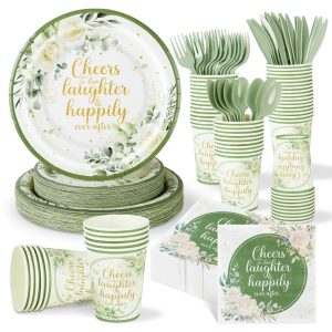 350 Pcs Eucalyptus Leaves Bridal Shower Paper Plates Napkins Cups Disposable Sage Green Tableware Set With Knives Forks Cheers to Love Party Favors for 50 Guest Wedding Engagement Decor
