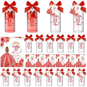Honeydak 25 Sets Quinceanera Party Favors Tumbler Lids Straws, Red