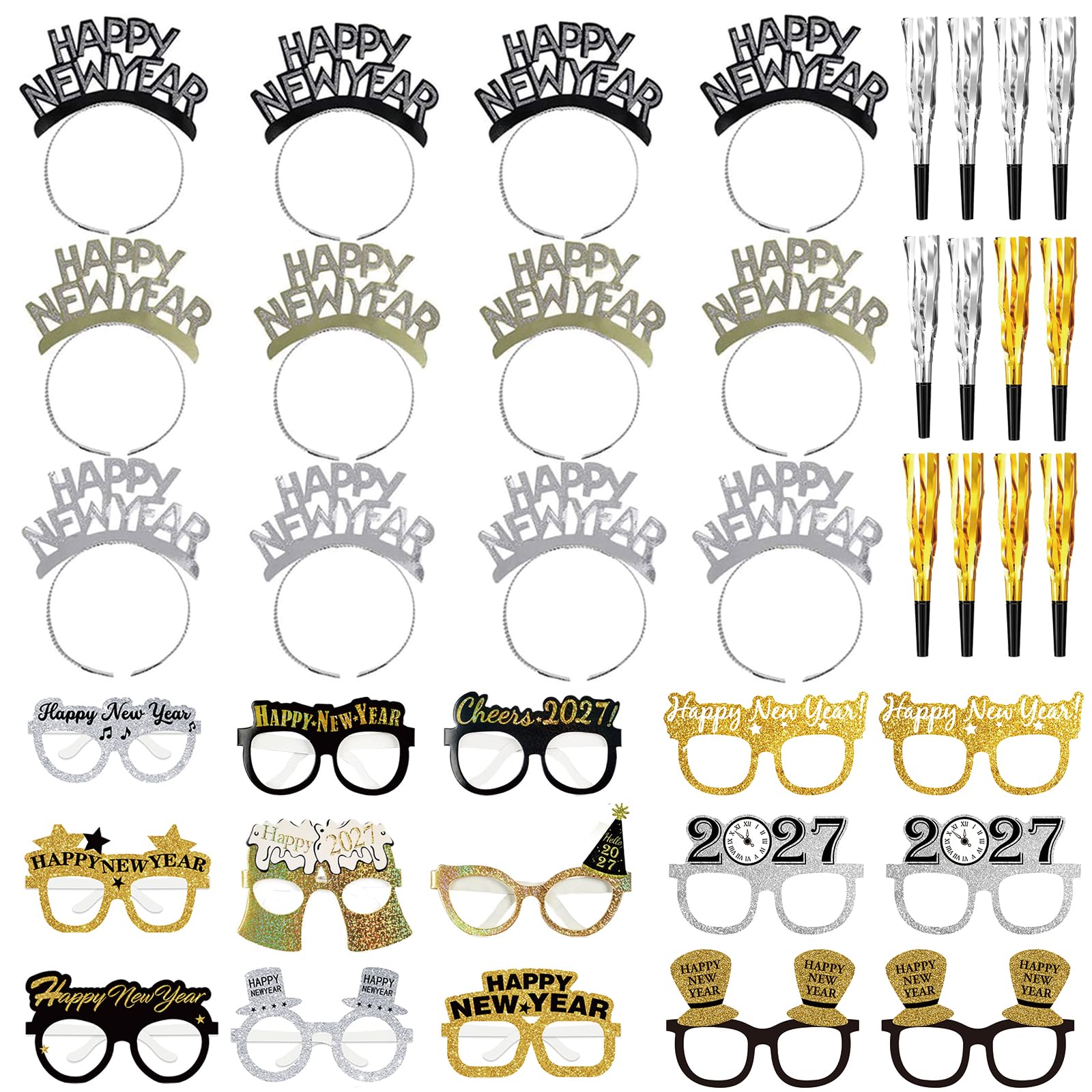 Tawecrew 42 Pieces New Years Eve Party Supplies 2027,Happy New Year Headband Tiara, New Year Glasses,Metallic Fringed Noise Makers New Years Party Favors