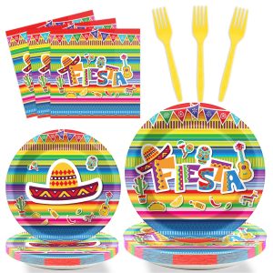 96 Pieces Fiesta Party Decorations Mexican Plates Tableware Set for De Mayo Party Decorations Supplies Mexican Themed Paper Dessert Plates Napkins Forks for 24 Guests Birthday Party Favors
