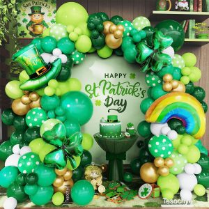 St. Patrick's Day Balloon Garland Arch Kit,Green Gold White Balloons Lucky Shamrock Clover Rainbow Hat Foil Balloons for Happy St. Patrick's Day Decorations Irish Festival Birthday Party Supplies