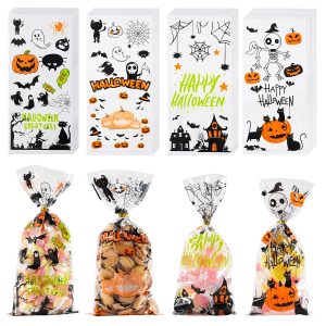 ONFAON Halloween Cellophane Treat Bags, 180pcs Halloween Trick or Treat Goody Gags with 200pcs Twists for Snacks Cookies Packing, Goodie Bags Party Supplies (10.8 * 4.9in)