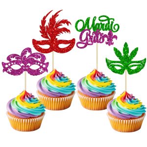 Gyufise 24Pcs Mardi Gras Cupcake Toppers Glitter Masquerade Masks Cupcake Pick Decorations Mardi Gras Party Baby Shower Birthday Cake Decorations Party Supplies Colorful 1