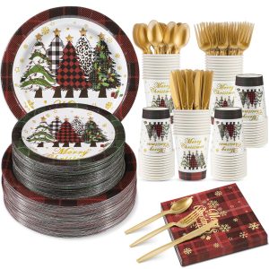 NatNarr 350 Pcs Christmas Paper Plates and Napkins Set, Buffalo Plaid Xmas Tree Disposable Dinnerware Set Holiday Party Plates for Xmas Winter New Year Holiday