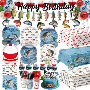 Fishing Birthday Party Decorations Kit with Plates, Napkins, Cups, Cutlery, Honeycomb Balls, Banner, Hanging Swirls, Tablecloths, Toppers, Balloons for Ofishally One Birthday Decorations, Serves 24