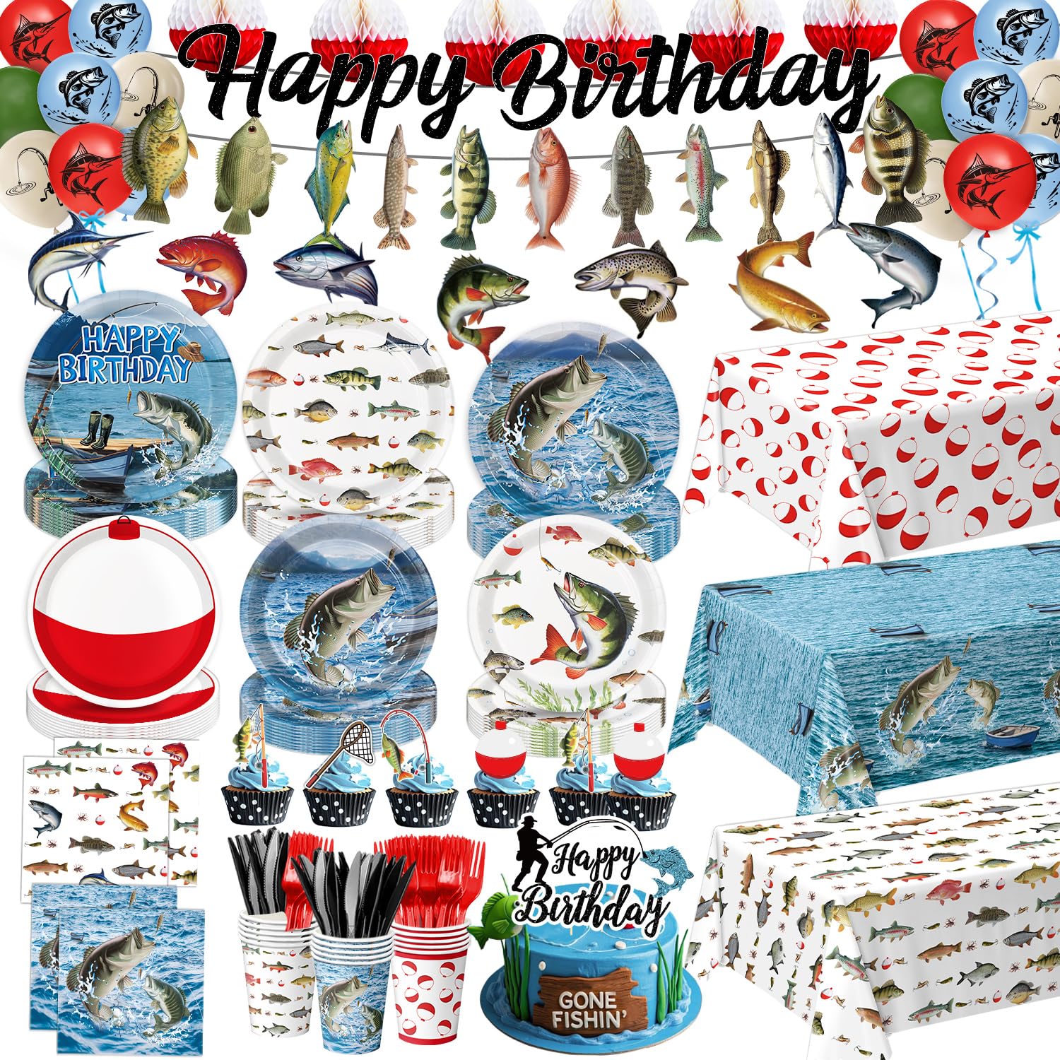 Fishing Birthday Party Decorations Kit with Plates, Napkins, Cups, Cutlery, Honeycomb Balls, Banner, Hanging Swirls, Tablecloths, Toppers, Balloons for Ofishally One Birthday Decorations, Serves 24