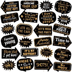 Outus 24 Pcs Photo Booth Props with Stick Happy Birthday, White, Gold