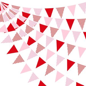 32Ft Red Pink Party Decorations Red Pink Gingham Banner Buffalo Plaid Checkered Triangle Flag Pennant Fabric Garland Streamers for Strawberry Valentine's Day Birthday Bridal Picnic Decor Supplies